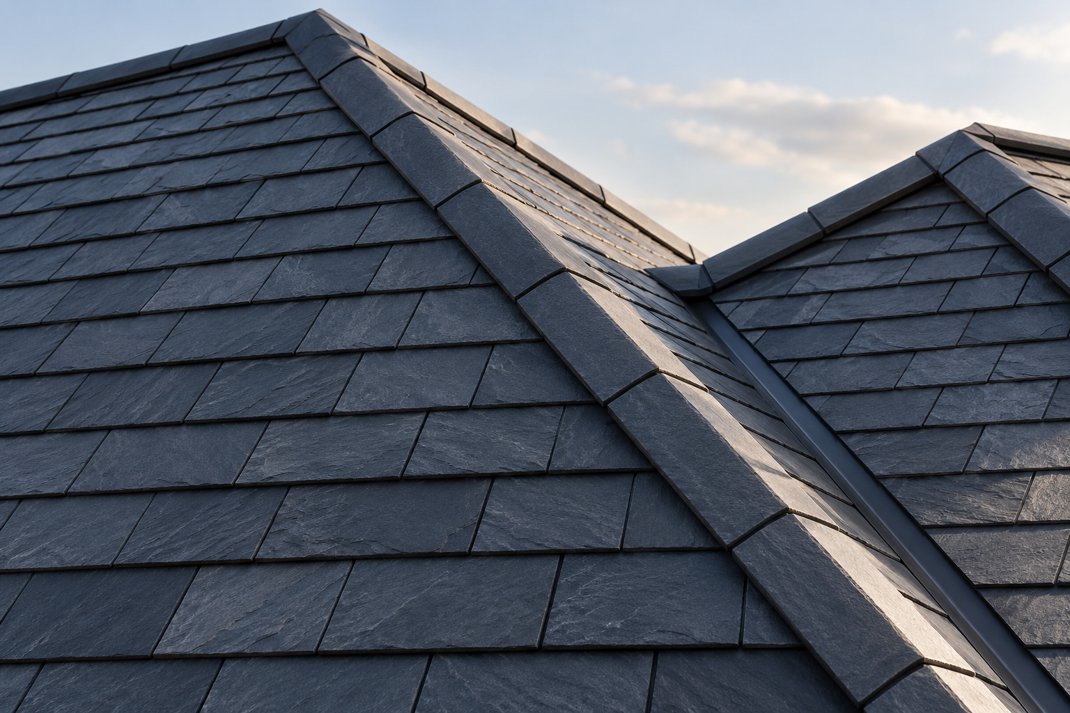 Close view of intersecting slate rooflines